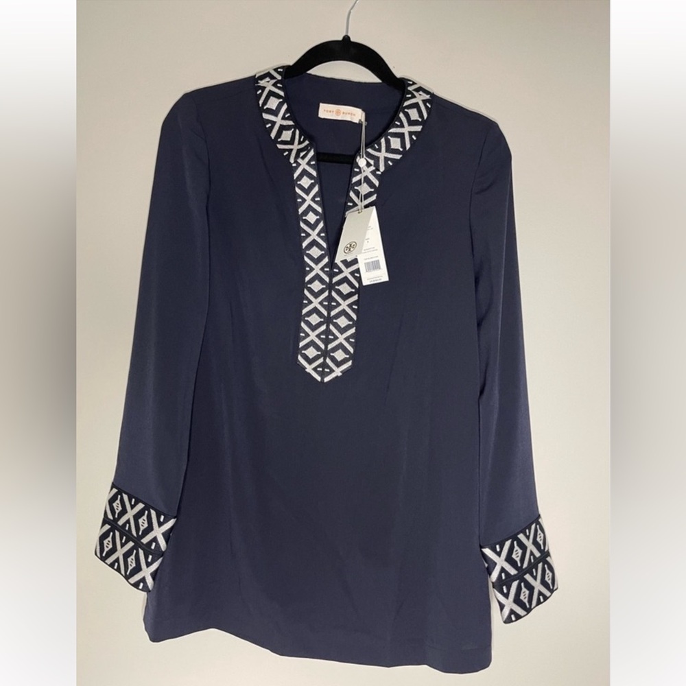 Navy Blue Geometric Trim Women's Top